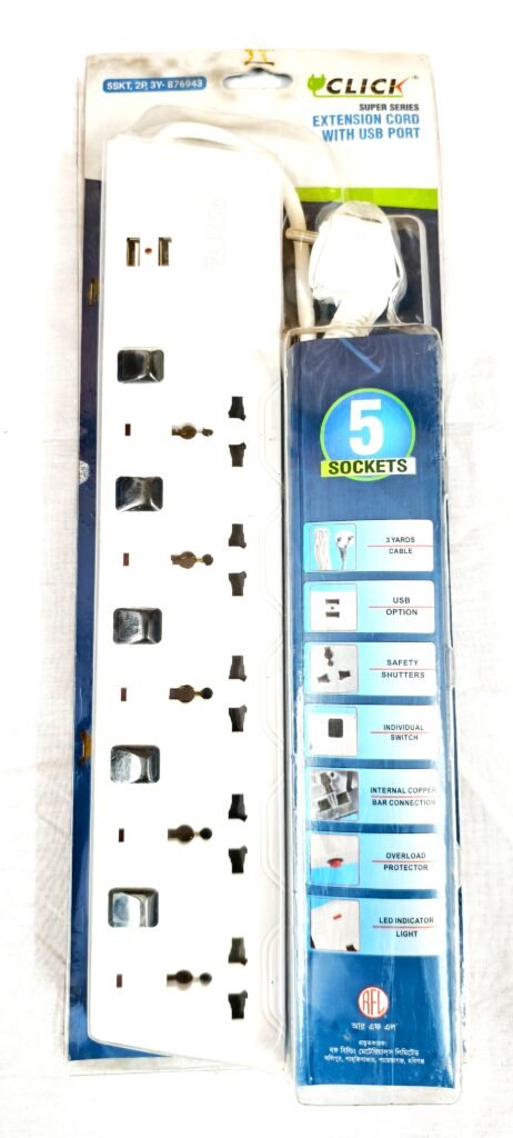 Click 5 Socket Extension Cord with USB Port – 3 Yards Power Strip